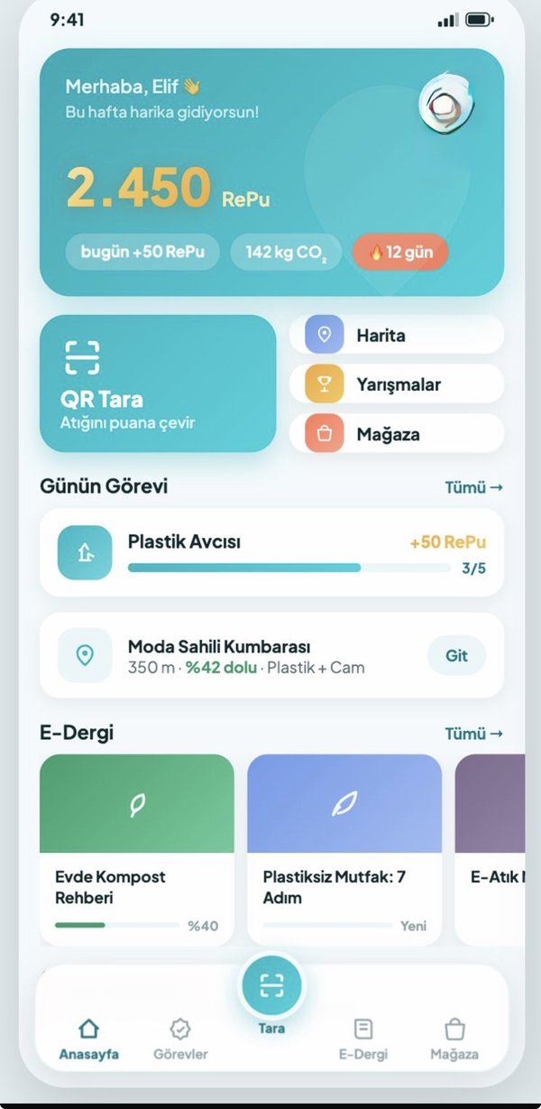 ReLuca uygulamasının ana sayfa tasarımı: RePu bakiyesi, QR ile teslim, günün görevi ve en yakın istasyon